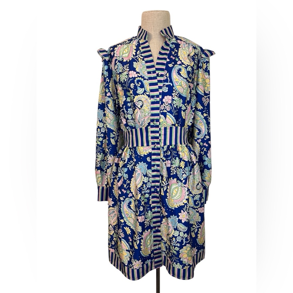 Blue Paisley Midi Dress with Striped Trim